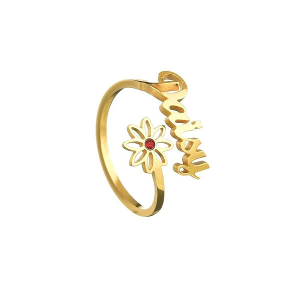 18K Gold Plated Personalized Custom Flower Name Ring for Women/Girls