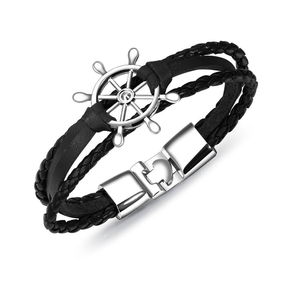 Betsey Johnson Double-Row Black Braided Leather Bracelet Bangle Wristband with Black Stainless Steel Ornaments For Boyfriend/Father/Husband/Grandpa