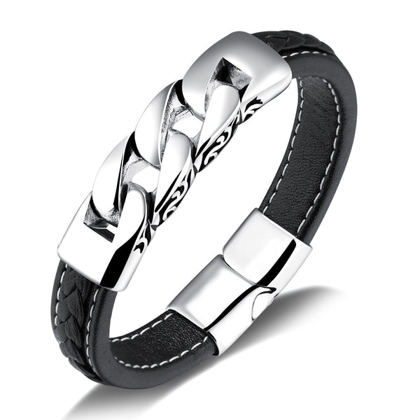 Stainless Steel Genuine leather Bracelet for Men Wristband Cuff Bangle Bracelets For Boyfriend/Father/Husband/Grandpa