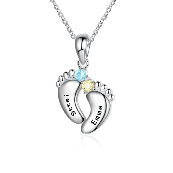 Personalized New Mom Baby Feet Necklace with 2 Birthstones Custom Engraved Family 2 Names Necklace