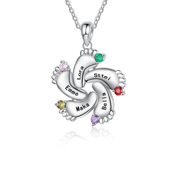 Personalized New Mom Baby Feet Necklace with 5 Birthstones Custom Engraved Family 5 Names Necklace