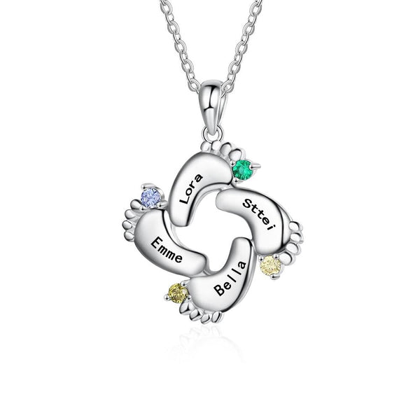 Personalized New Mom Baby Feet Necklace with 4 Birthstones Custom Engraved Family 4 Names Necklace