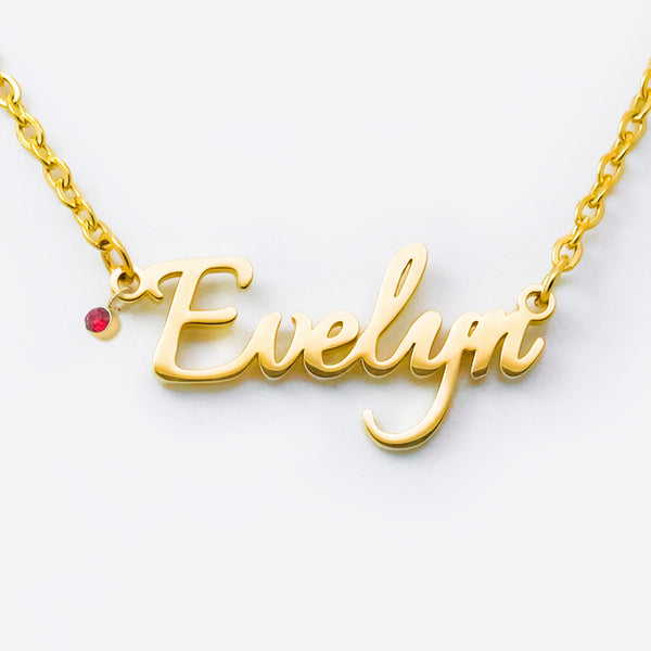 Calligraphy Style Custom Name Necklace with Birthstone Gift For Her/Him